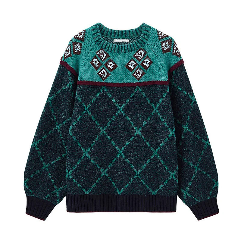 INMAN Winter New Arrival Literary O-neck Jacquard Contrast Color Thick Loose Women Pullover