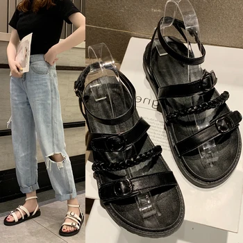 

new Ladies leisure Back Buckle Strap slides sandals summer Round open toe womens big size flat with shoes Girls Zoris