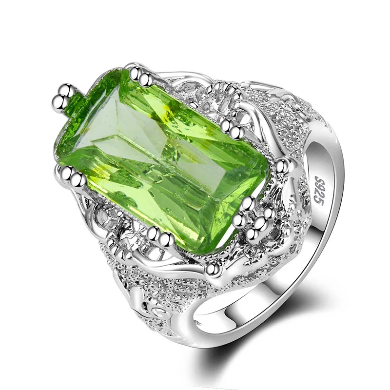 Зеленый Bague Ringen, роскошное кольцо для женщин, Стерлинговое серебро 925, ювелирное изделие, геометрические драгоценные камни, прямоугольник, зеленый циркон, Женский Подарок на годовщину - Цвет камня: Зеленый