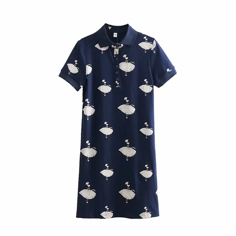

2019 Spring Summer New Style Europe And America Cotton Wire Drawing Ballet Floral Printed Dress Polo Collar Short Sleeve Short S