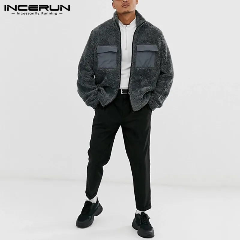 INCERUN, мужские куртки, одноцветные, с длинным рукавом, повседневные, флисовые пальто, модные, повседневные, пилоты, уличная одежда, с карманами, мужская верхняя одежда размера плюс