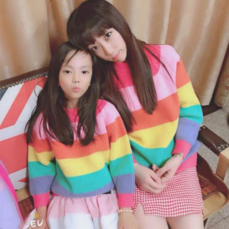

Mother Daughter Rainbow Sweaters Autumn Winter Long Sleeve Loose Sweaters Casual Striped Pullovers Family Matching Clothes