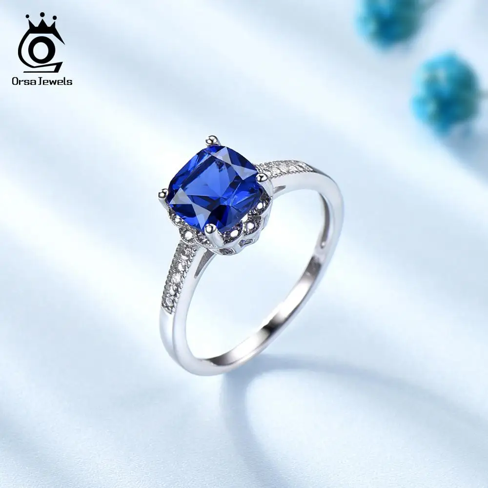 ORSA JEWELS Luxury 925 Sterling Silver Sapphire Women Wedding Band Ring Square Natural Blue Gemstone Eternity Fine Jewelry VSR19