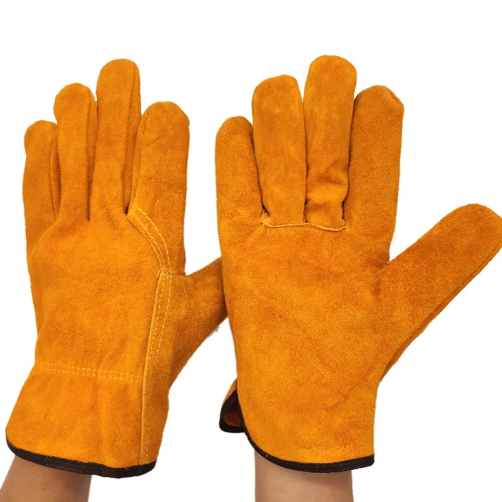 Теплоизоляционные верхние перчатки из натуральной кожи, флисовая подкладка, бесшовные перчатки сварщика, Нескользящие рабочие защитные