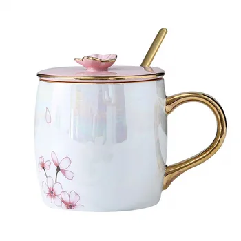 

Cherry Blossom Ceramic Mugs With Lid Gold Spoon Porcelain Coffee Milk Cups Breakfast Drinkware for Women Lovers Friends G