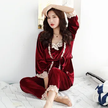 

Burgundy Woman Velour Pajamas Sets Female Robe 3PC Strap Top Pants Sleepwear Home Wear Nightgown Kimono Bath Gown Nightdress