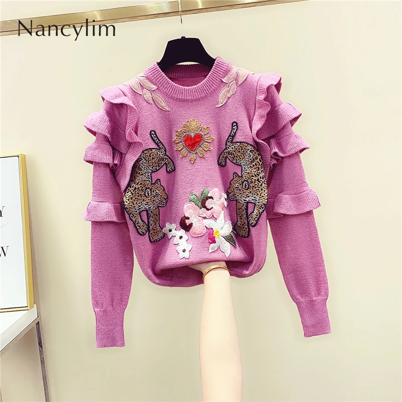 

Embroidered Sweater Women's Retro Girl's Heart Three-dimensional Flower Leopard Pattern Ruffle Sleeve Bright Silk Sweater Jumper