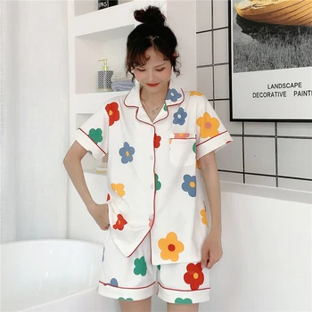 

Caiyier 2020 Cute Ins Bear Pajamas Set Short Sleeve Women Turn-down Collar Simple Sleepwear Girls Summer Nightwear Homewear