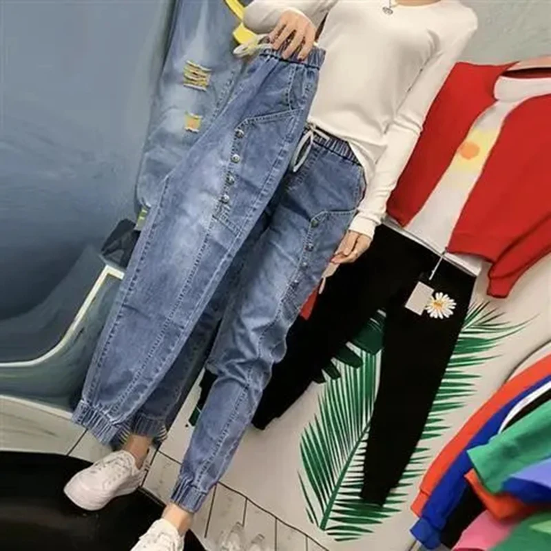 Streetwear Harem Jeans Women High Waist Elastic Mom Jeans Plus Size 3XL Denim  Ankle-Length Pants Vintage Stretch Trousers
