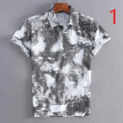 Lapel print short-sleeved T-shirt men's summer cotton Slim bottoming sleeves casual POLO shirt tide |