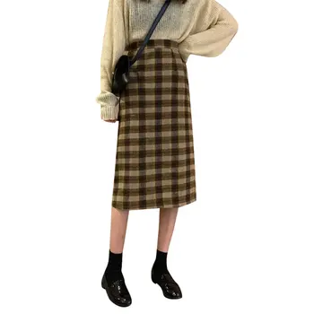 

Korean Fashions Woolen Plaid Skirts Women 2019 Autumn Winter High Waist Pleated Skirt Harajuku Bottom Split Knee-length Skirts
