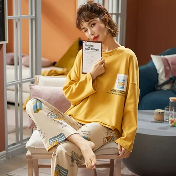 

Pajama Sets Women Printed Long Sleeve High Quality Womens Pajamas Kawaii Comfortable Korean Style O-neck New Fashion Simple Chic
