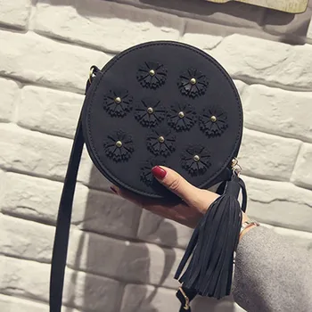 

Women Small Flower Tassel Shoulder Bag PU Leather Round Bag Crossody Bags Best Sale-WT