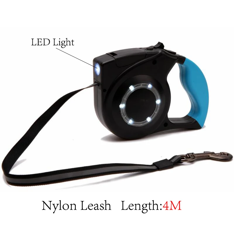 4m Reflective Dog Leash Automatic Retractable Nylon Dog Leash With LED Pet Dog Leads Leash For Running and Walking Traction Rope