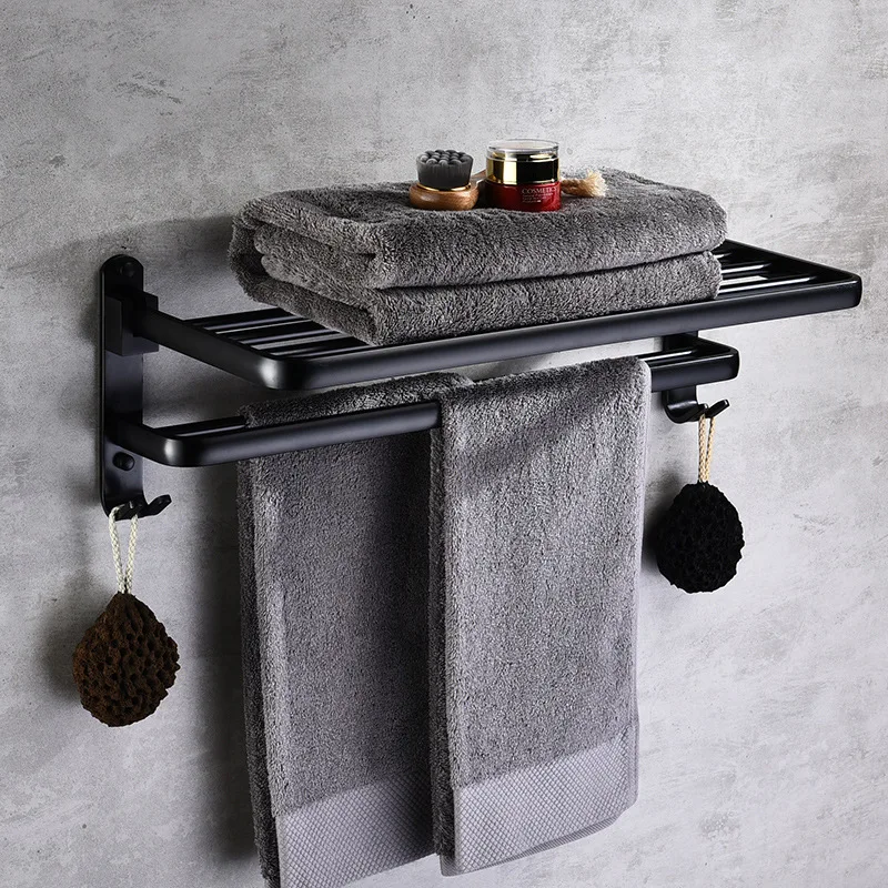 Black 630mm folding towel rack, black aluminum folding towel rack, towel storage rack hung on the wall