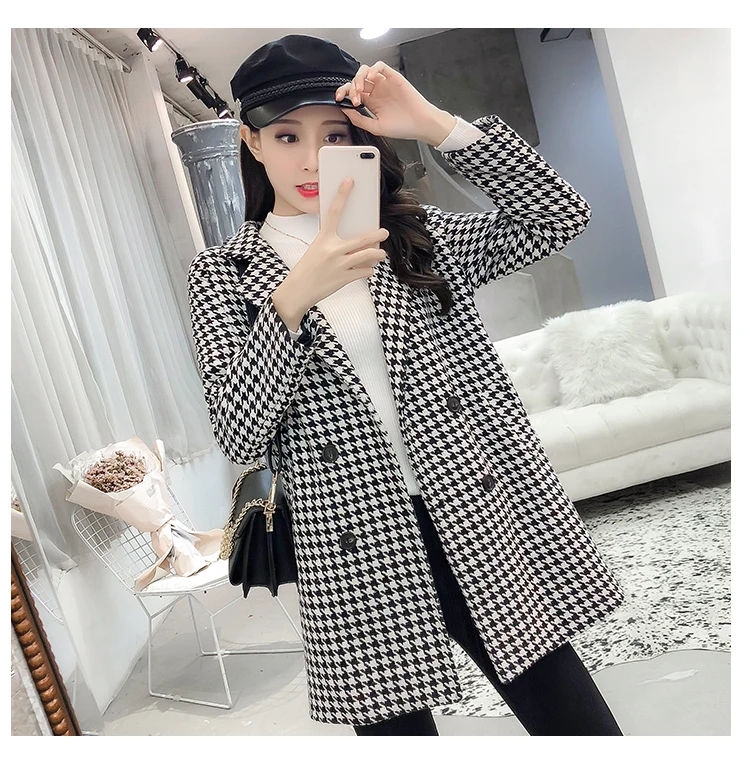 black blazers Новинка, Женское шерстяное пальто, зима и осень, модное, элегантное, в клетку, тонкое, длинное, твидовое, шерстяная верхняя одежда, женские блейзеры - Цвет: black blazers
