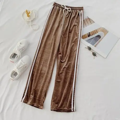 khaki Neploe/Новые Модные женские полосатые штаны осень-зима велюровые широкие брюки с эластичной высокой талией женские свободные брюки 54045 - Цвет: khaki