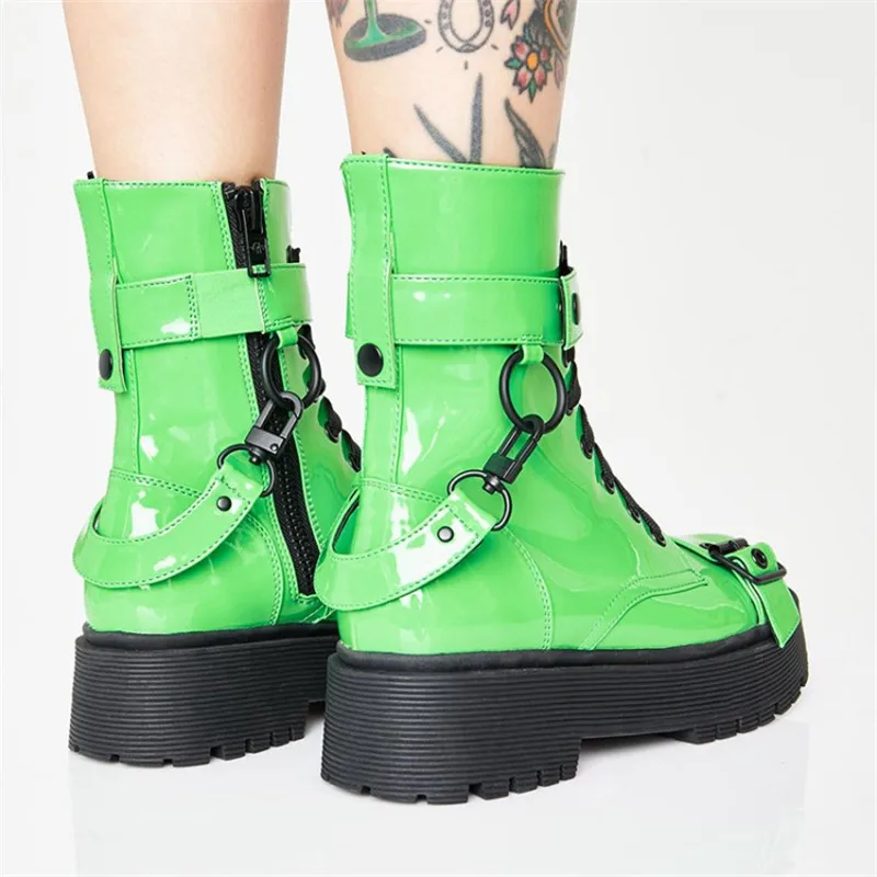 MStacchi женские стильные ботильоны для Для женщин обувь для ночного клуба, на платформе, с пряжкой и ремешками крест-накрест; женская обувь из искусственного материала(ПУ); женские туфли на высоком каблуке каблук флуоресцентный зеленый ботинок