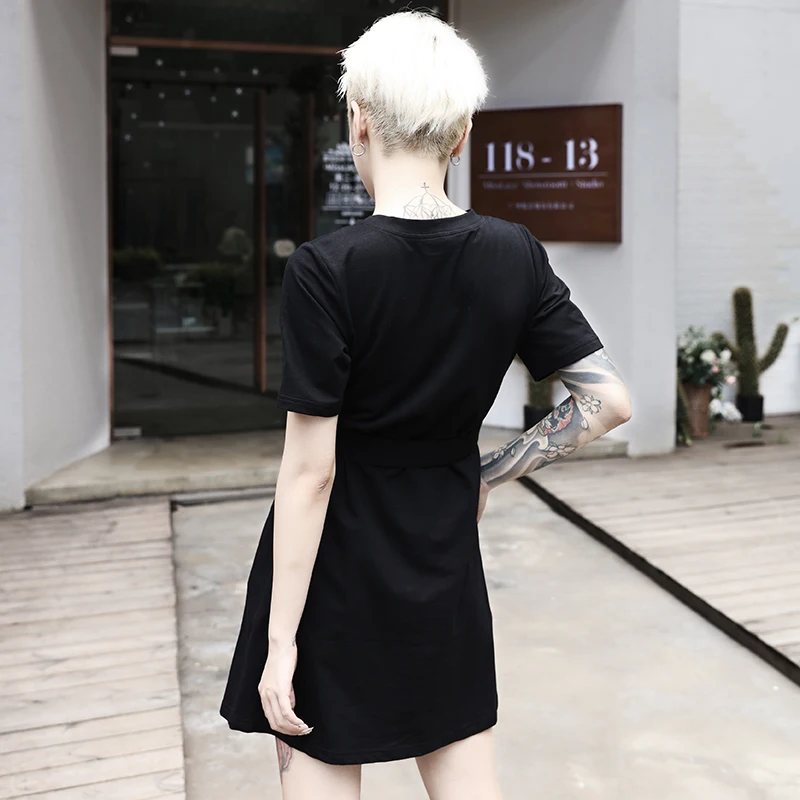 InsGoth женское платье-футболка готический, панк, черный однотонный Харадзюку свободное женское платье Повседневный ремень для верхней одежды тонкий женский мини Хлопковое платье