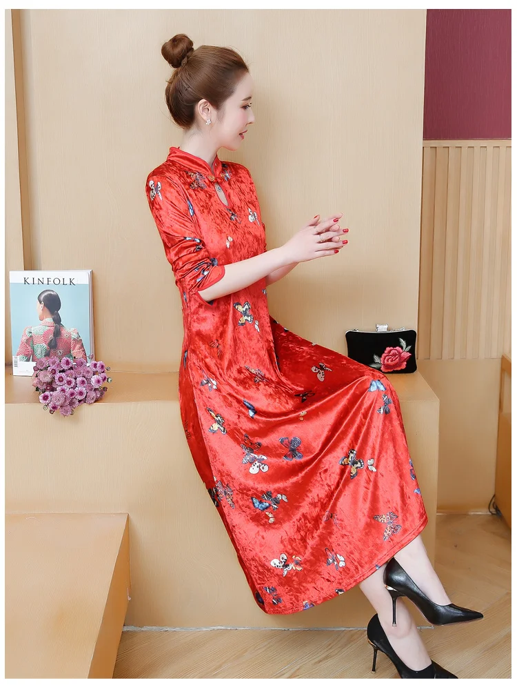 Большой размер Cheongsam молодой принт китайский стиль рукава улучшенная версия платья бархат cheongsam длинная секция