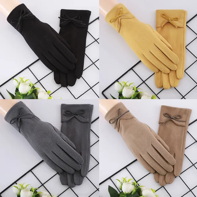 1 Pair Solid Color Bow-knot Stretched Velvet Gloves With T-ouch Screen For Index Finger Women Outdoor Sports Breathable Gloves