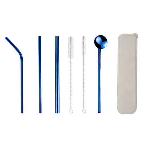 7 шт 304 из нержавеющей стали, многоразовый наборы для бара прямой изогнутой питьевой соломы/Ложки/щетки посуда кухонная посуда бар аксессуары - Цвет: Синий