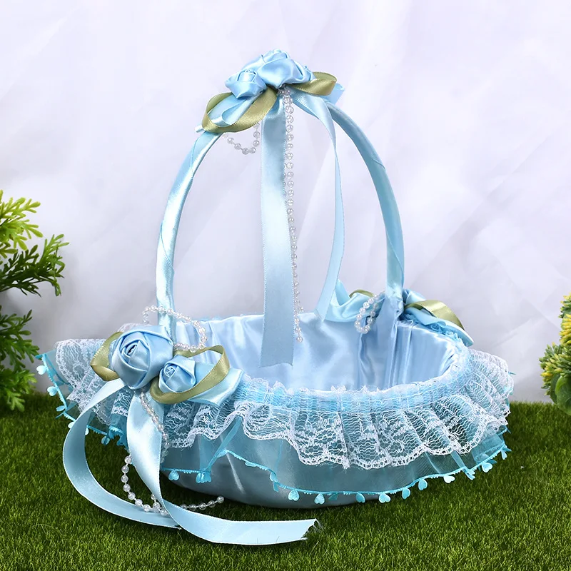 Pink Blue Flower Girl Baby Hold basket bloemenmeisje mandje Satin with Lace Wavy edge cestas de boda