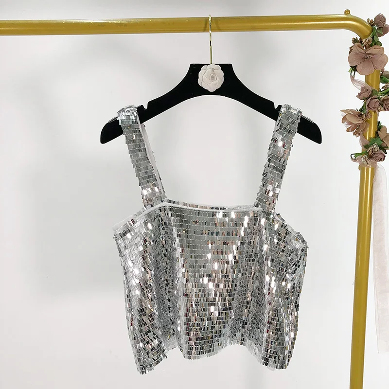 autumn new women's European and American style sequins decorative short loose sling