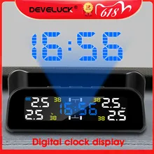Develuck TPMS Car Tire Pressure Monitor System Automatic Clock Control Solar Power Adjustable LCD screen Display Wireless 4 tire