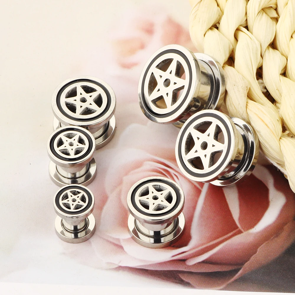 JunlowPY Pentgram Star Ear Plug Tunnels Piercing 316L Stainless Steel Expander for Ear Body Piercing Wholesaless Men Cool 6-16mm