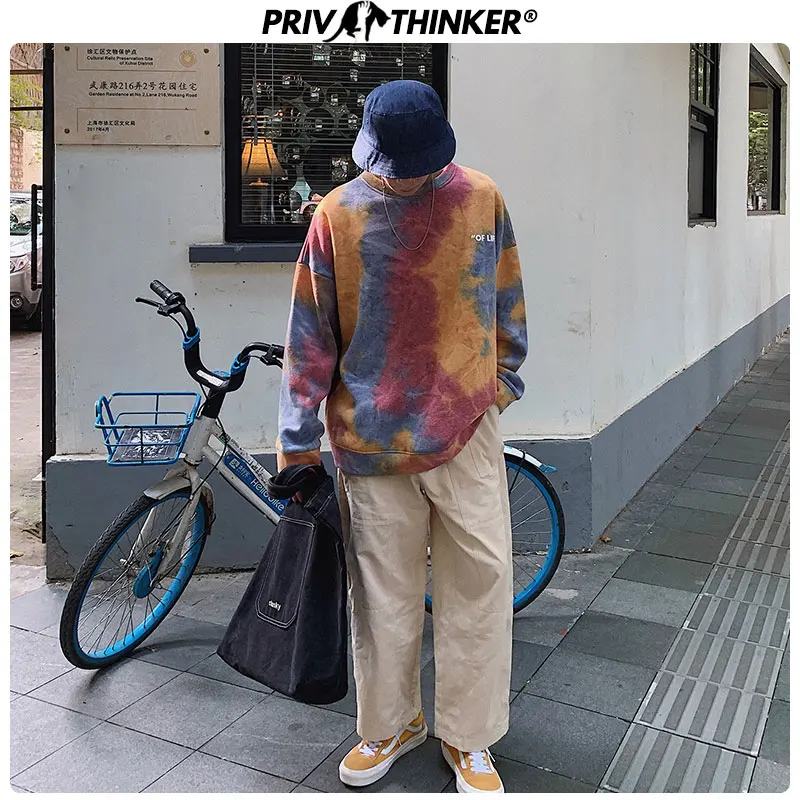 Privathinker Мужские осенне-зимние цветные толстовки с галстуком, мужские свободные Цветные толстовки с капюшоном, мужские плотные топы с круглым вырезом