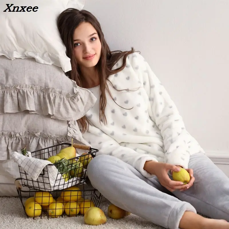 two piece 2018 autumn winter women ladies fleece Warm soft Flannel heart printed pajamas suit Female casual home clothes Xnxee