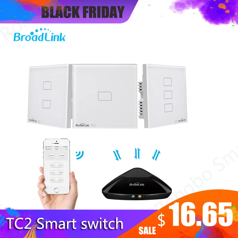 

Broadlink TC2 1/2/3 Gang UK Standard Smart Home 433Mhz Wifi/4G Remote Control Via RM Pro Wall Touch Light Switch 1 Way