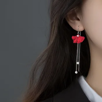 

MIQIAO 2021 New Year On The Ears 925 Sterling Silver Festive Red Flowers Almond Leaf Eearrings For Women Female Tassel Long Line