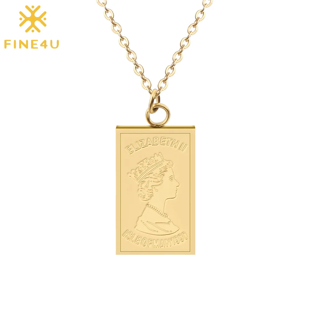 

FINE4U N270 Queen Elizabeth II Portrait Pendant Necklaces For Women Stainless Steel Chain Necklace Trendy Square Jewelry
