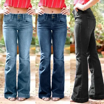 

Women Flared Jeans New Plus Size Sexy Button High Waist Bell Bottom Denim Pants Spring Summer Fashion Casual Elegant Trousers