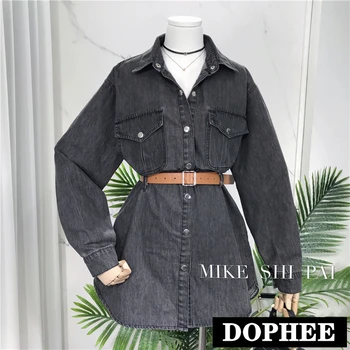 

2020 Autumn New Women's Long-Sleeved Waistband Denim Shirt Mid-Length All-match Cardigan Jacket Casual Students Jeans Shirt