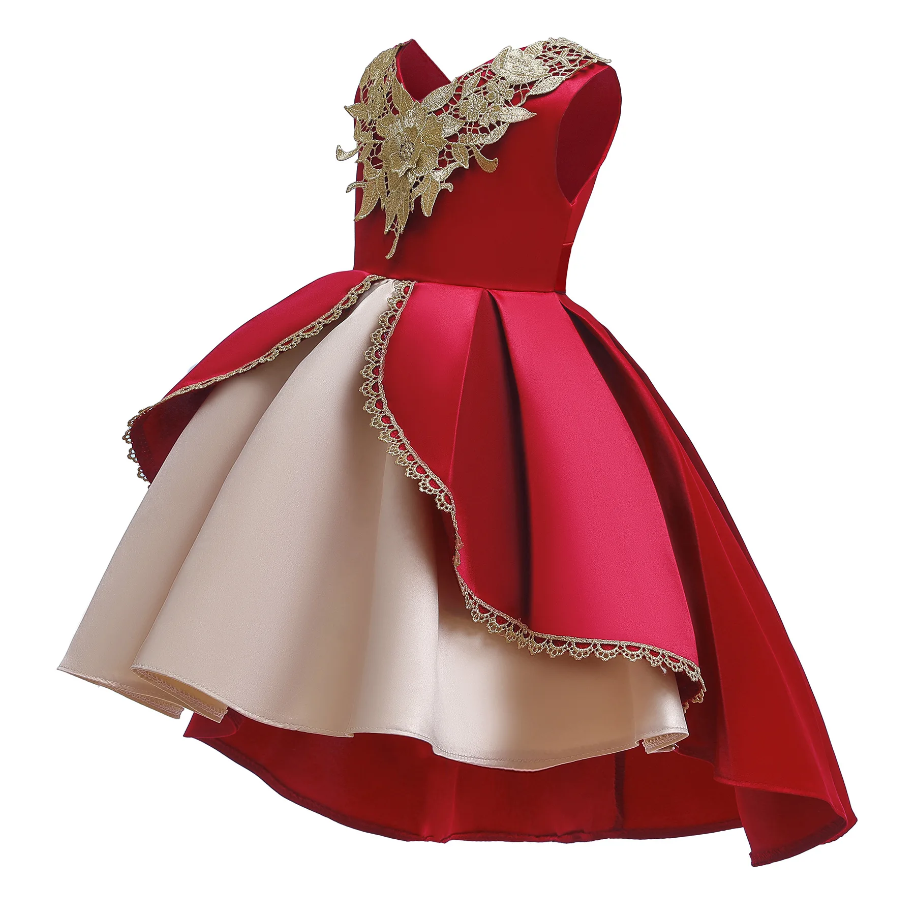 

New Christmas Girl Dress Medium Children's Gold Lace Embroidered Sleeveless Tuxedo Dress Princess Birthday Party Dress
