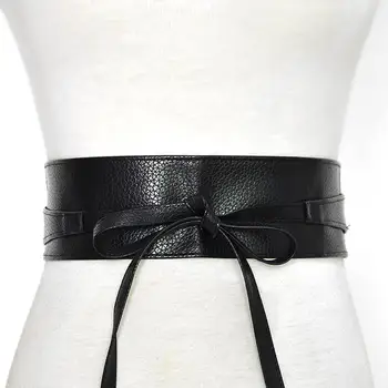 

Vintage Solid Color Faux Leather Wide Women Waistband Dress Tie-up Sash Belt