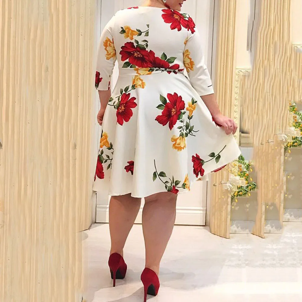 Платье размера плюс 5XL, женское платье с цветочным принтом, 1/2, половинный рукав, v-образный вырез, сексуальное Белое платье миди, женское платье для офиса, vestidos
