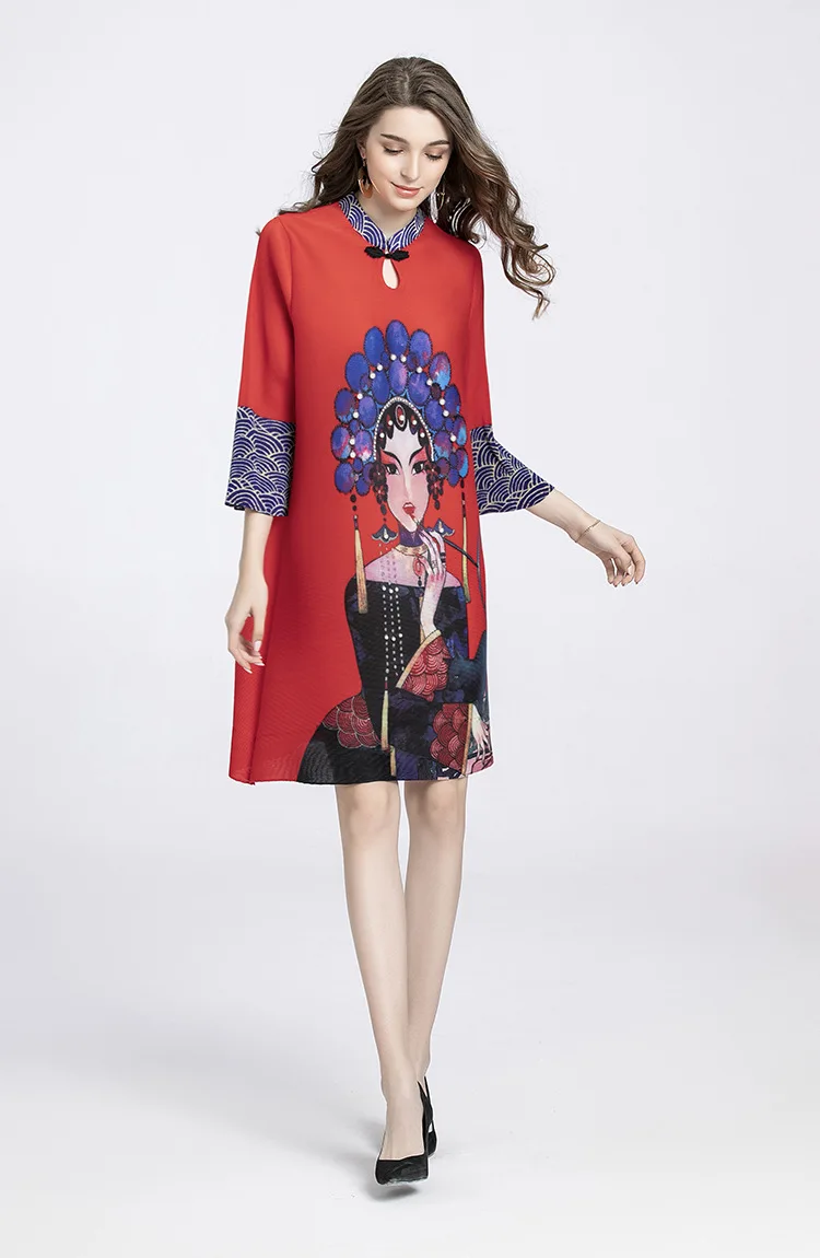 CNY Retro Beijing Opera Dress High Quality 3D Printing Fashion Short Dresses Loose Women Chic Buckle Pleated Party Dresses