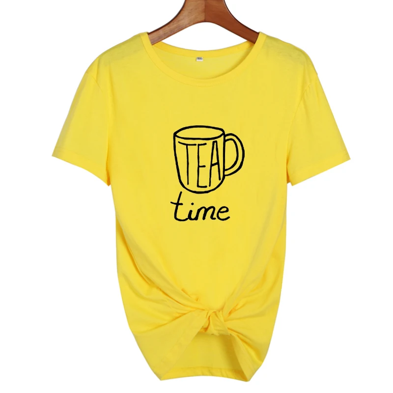 Милая забавная футболка, женские топы, чайное время Харадзюку, Повседневная графическая футболка, женская одежда, летняя повседневная футболка, черная, белая - Цвет: yellow-black