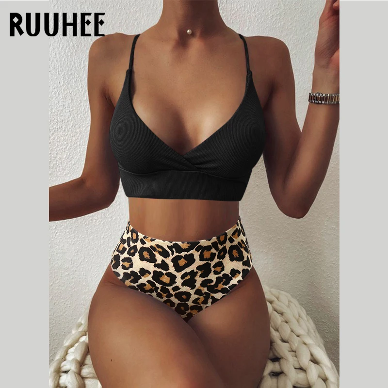 RUUHEE Women Swimsuit Ribbed High Waist Solid Black White Push Up Bikini Sets 2021 Swimwear Female with Padded Bathing Suit cheap bikini sets