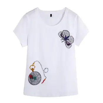 

Brand Fashion Women's High-end Luxury Summer Beaded Diamonds Butterfly Short sleeve T-shirt Tees Top Women