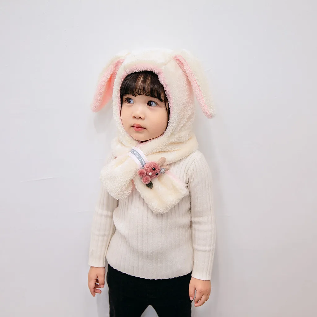 rabbit shape hairy ears Bear decoration Thermal Foxes hat kids Baby Hat Knit Hat Scarf Set Children Cartoon Cute Hat#x21024