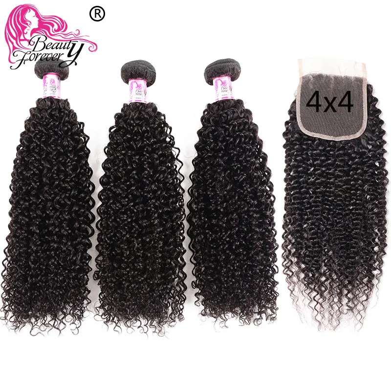 

Beauty Forever Malaysian Kinky Curly Human Hair Bundles With Closure 4*4 Free Part 100% Remy Hair Extension