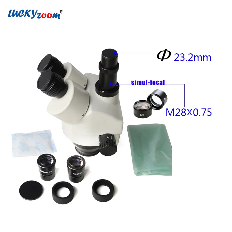 Lucky Zoom Brand 3.5X-45X Simul-Focal Trinocular Zoom Stereo Microscope Head WF10X/20 SZM0.5X WD165mm Microscope Accessories