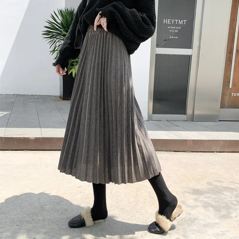 [EWQ] Осень Зима Новая шерстяная юбка с высокой талией ретро большой подол модная Универсальная женская черная плиссированная юбка QL672