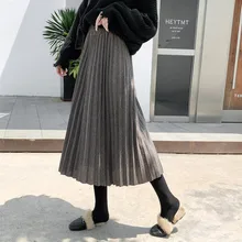 [EWQ] Осень Зима Новая шерстяная юбка с высокой талией ретро большой подол модная Универсальная женская черная плиссированная юбка QL672