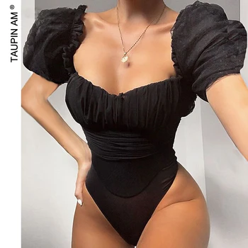 

TAUPIN AM Dot Mesh Sexy Black Bodysuit Women Tops Elegant Puff Sleeve Square Collar Summer Bodysuits 2020 Skinny Party Jumpsuit